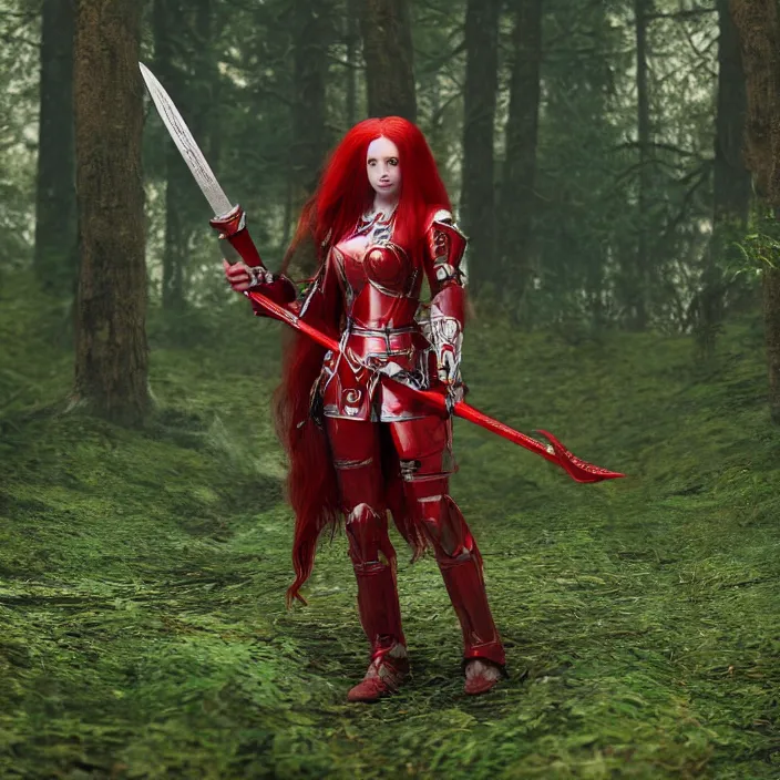 Image similar to a girl with long red hair wearing a red plate armor and hding a big red sword in a forest, 3d render, octane render, unreal engine 5, 8k hdr, hyperrealistic, highly detailed, high quality, concept art, trending on Artstation