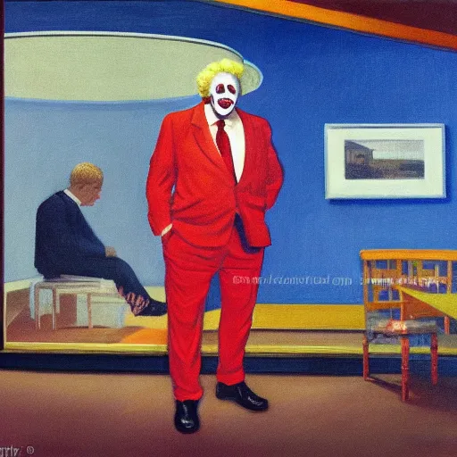 Prompt: a highly detailed fine art portrait of british prime minister boris john wearing a clown costume. in the style of edward hopper, richard hamilton.