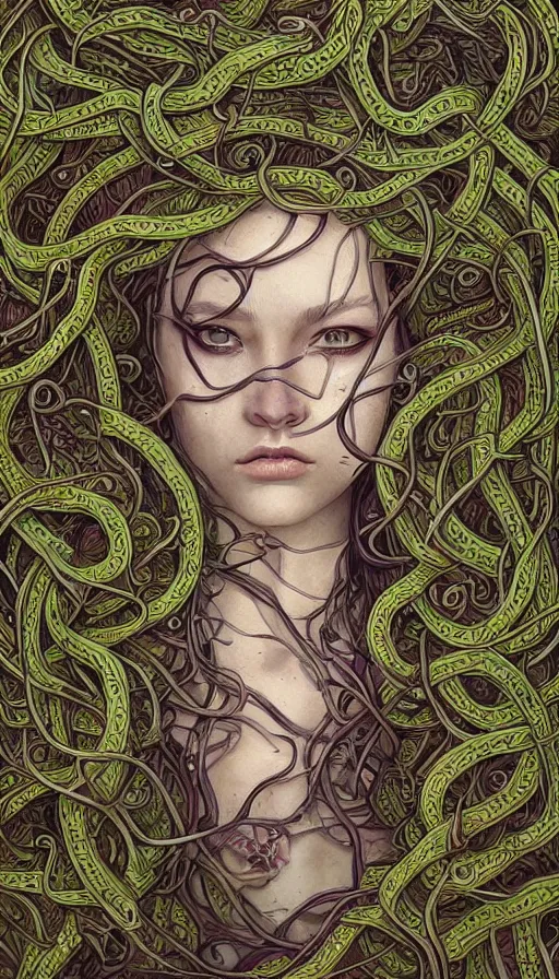 Prompt: very detailed portrait of a 2 0 years old girl surrounded by tentacles, the youg woman visage is blooming from fractal and vines, by android jones,