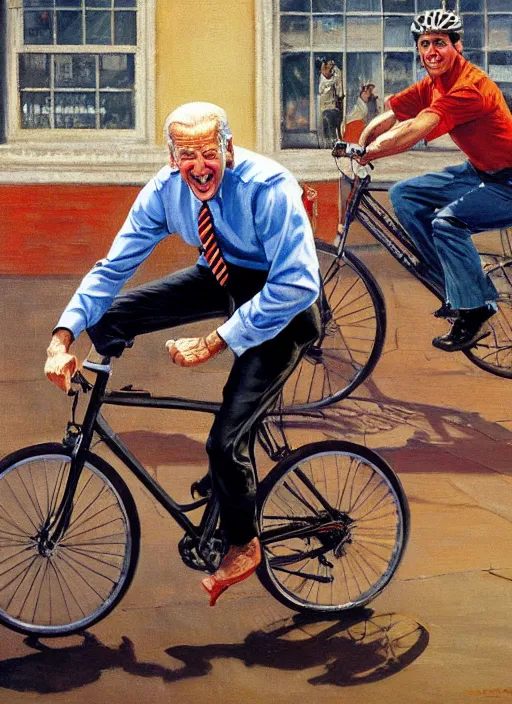 Image similar to joe biden falling off his bicycle, pulp art oil painting by mort kunstler and wilson mclean, intricate, hyper detailed, 4 k, hd, award winning, photorealistic