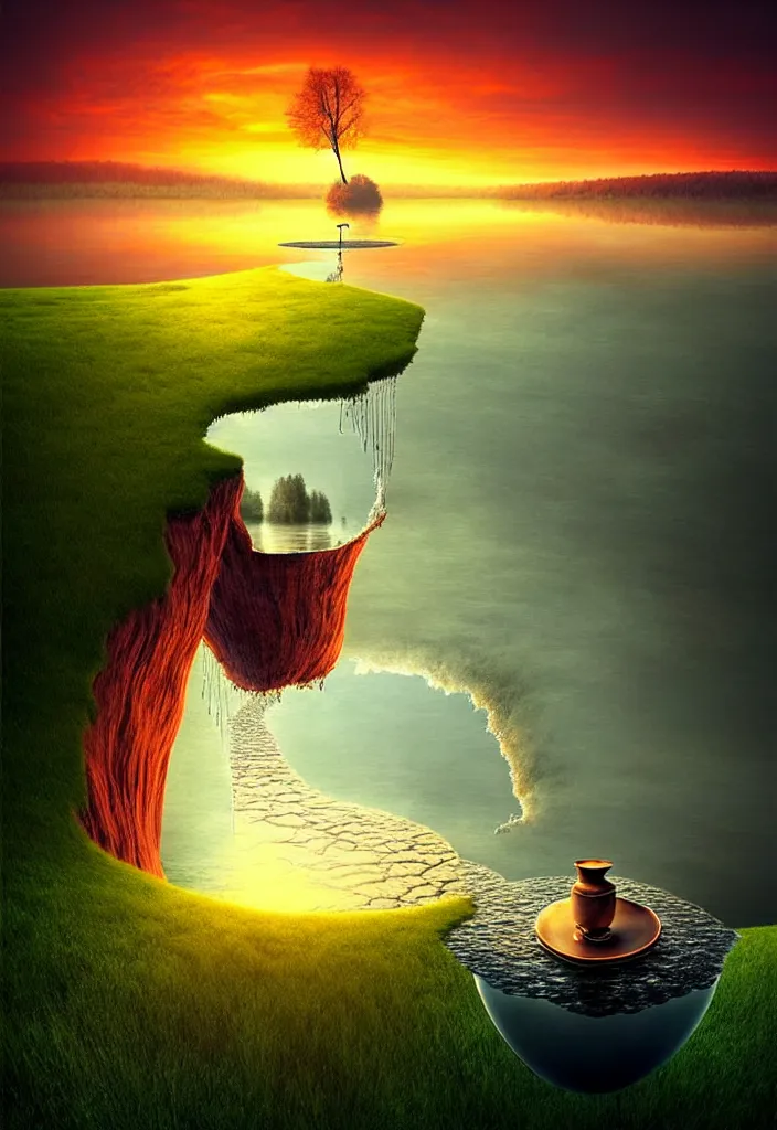 Image similar to a surreal landscape at sunset with a immense gigantic ornated iron chalice cup with a lake inside, water in excess dropping by gediminas pranckevicius