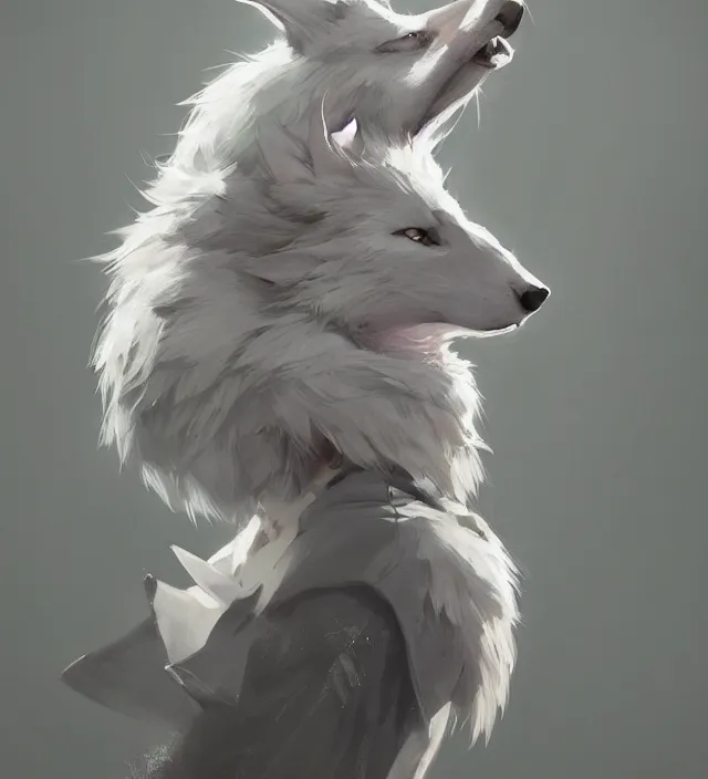 Image similar to a beautiful portrait of a handsome male anthropomorph white wolf furry fursona wearing a hoodie. character design by cory loftis, fenghua zhong, ryohei hase, ismail inceoglu and ruan jia. artstation, volumetric light, detailed, photorealistic, rendered in octane