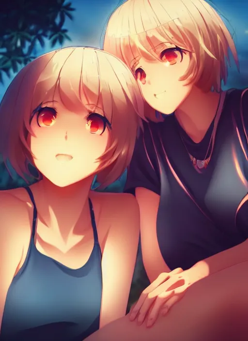 Image similar to two beautiful mothers sitting on a hot summer evening, gorgeous faces, thick lines, cinematic lighting, detailed anime art