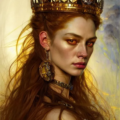 Prompt: highly detailed portrait of a majestic lioness queen in the form of a beautiful woman. d & d. art by donato giancola, eugene delacroix, ruan jia, carl larsson, peter mohrbacher. trending on artstation, intricate details, energetic composition, golden ratio, concept art, illustration, elegant art, global illuminaition