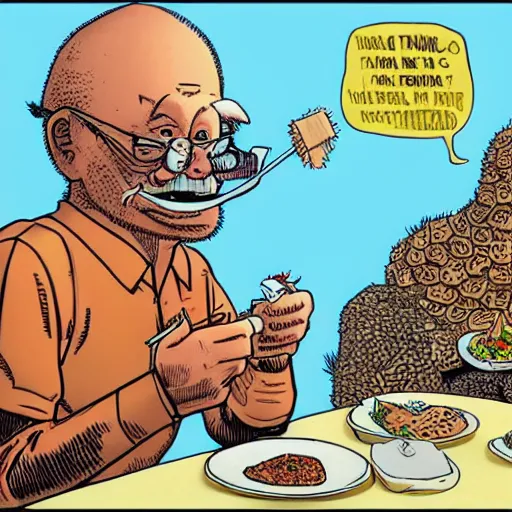 Image similar to a man eating a taco by geof darrow, detailed, realistic shading