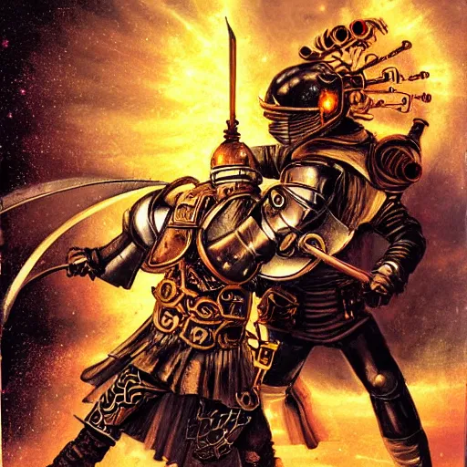 Prompt: steampunk warrior dueling a knight, space, fiery, galaxy, war