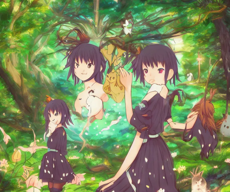 Image similar to emoji in a forest, anime fantasy illustration by tomoyuki yamasaki, kyoto studio, madhouse, ufotable, comixwave films, trending on artstation