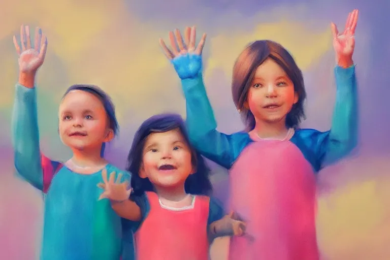 Prompt: portrait painting of cute little kids waving their hands, dreamy matte colors, night time, photorealistic faces and skin tones, volumetric lighting, smooth, trending on artstation, moonlit backdrop, 4 k