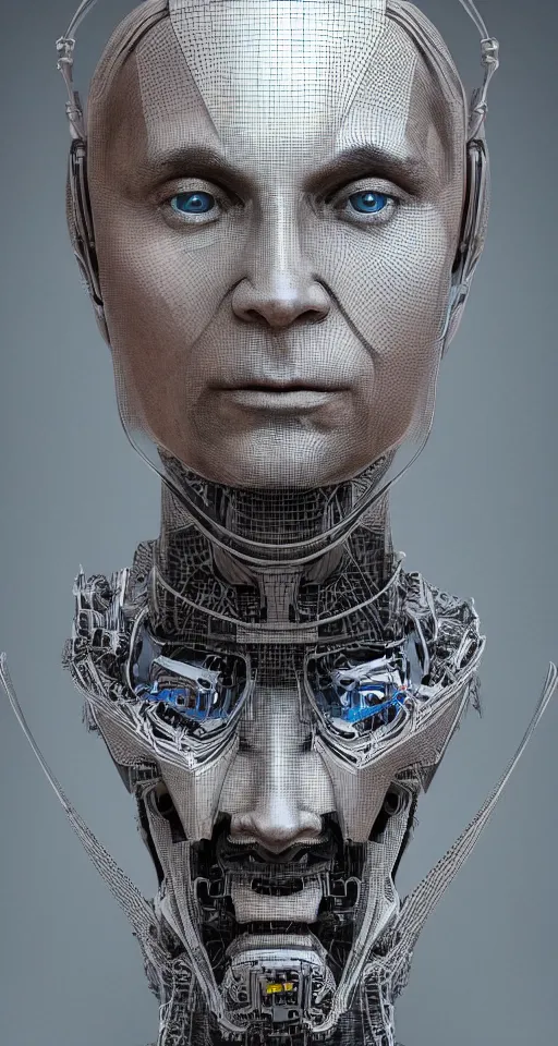 Image similar to hyperrealistic mixed media portrait of a Robot of Vladimir Putin forward angle, stunning 3d render inspired art by P. Craig Russell and Barry Windsor-Smith + perfect facial symmetry + dim volumetric lighting, 8k octane beautifully detailed render, post-processing, extremely hyperdetailed, intricate futuristic mechanic parts, epic composition, grim yet sparkling atmosphere, cinematic lighting + masterpiece, trending on artstation