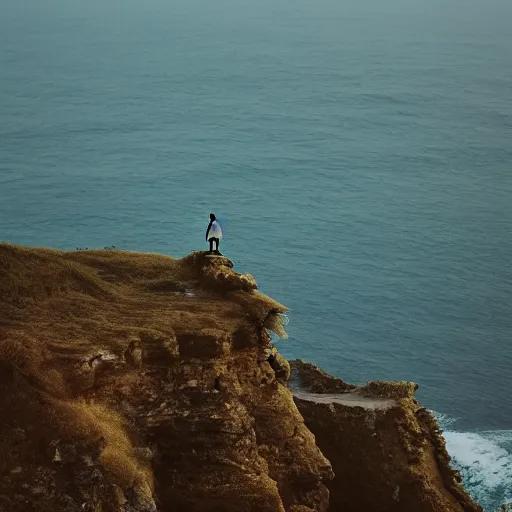 Prompt: A lone samurai on a cliff overlooking a vast ocean, 50mm lens, beautiful, majestic, serene, by Hsiao-Ron Cheng