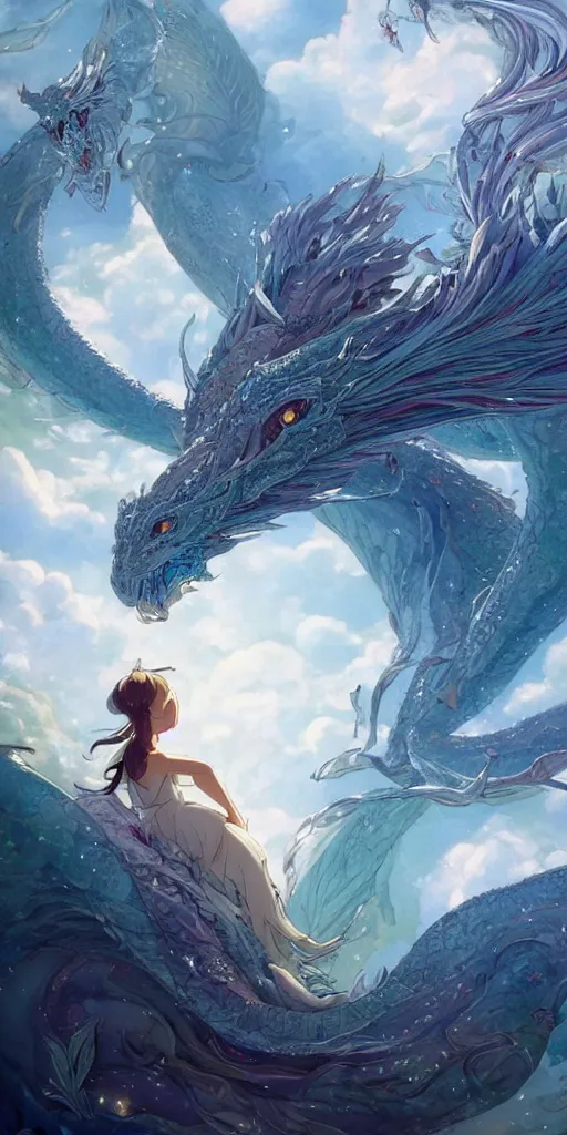 Prompt: the beautiful hyper detailed scene render that a beautiful girl lies in the arms of a huge silver dragon alone in the fairyland surrounded by white clouds, in the style of makoto shinkai victo ngai and peter mohrbacher studio ghibli artgerm karol bak beeple, animation style, 8 k hd, dream, ultra wide angle, animation style