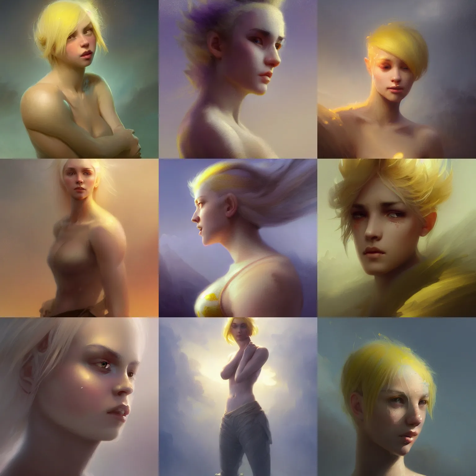 Prompt: portrait an handsome young woman with short messy yellow hair, sweaty skin, tall muscular build, fantasy, rough clothing, beautiful, broad light, ambient occlusion, volumetric light effect, made by ivan aivazovsky, peter mohrbacher, greg rutkowski, matte painting, 4 k, defined features, digital painting,