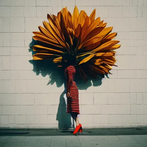 Image similar to giant flower head, frontal, woman standing in mid century building, surreal, symmetry, bright, tone in tone, cinematic, wes anderson