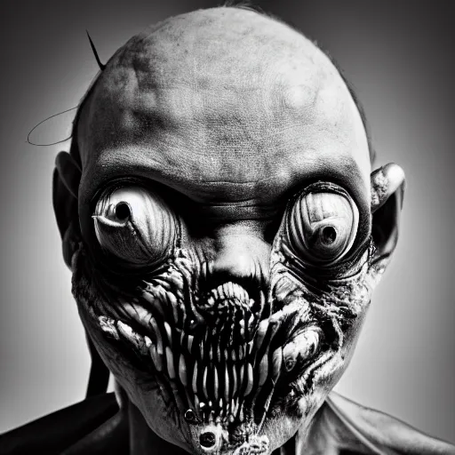 Image similar to artistic photoshoot of a mothan hybrid, grotesque, body horror, mutant shaming, creepy, terrifying, 8 k hdr 8 0 mm wide angle portrait, high contrast black and white, insectoid n