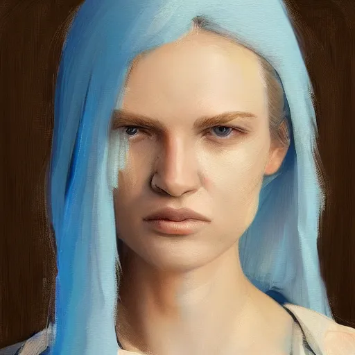 Prompt: Portrait of a woman by Greg Rutkowski, she is about 30 years old, pretty, blond hair with two strans around her face, slavic features, melancholic gaze, pretty aquiline nose, she is wearing a blue utilitarian jumpsuit, highly detailed portrait, digital painting, artstation, concept art, smooth, sharp foccus ilustration, Artstation HQ.