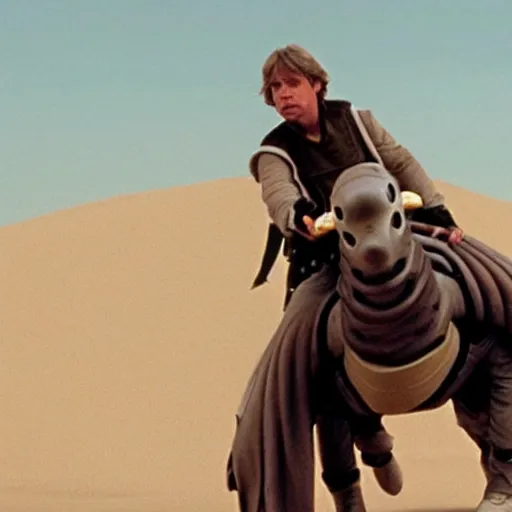 Image similar to luke skywalker riding a sandworm