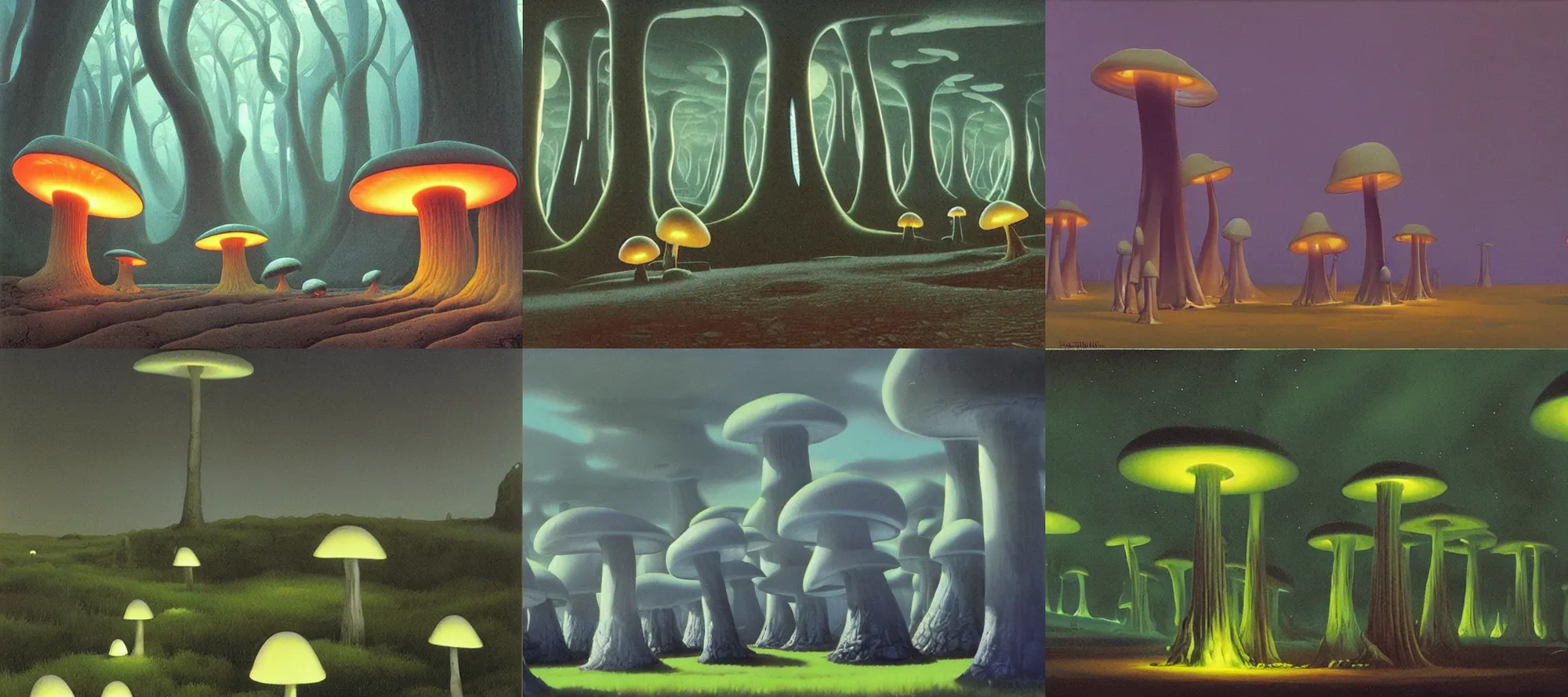 Prompt: felucia landscape, giant fluorescent mushrooms, painting by ralph mcquarrie