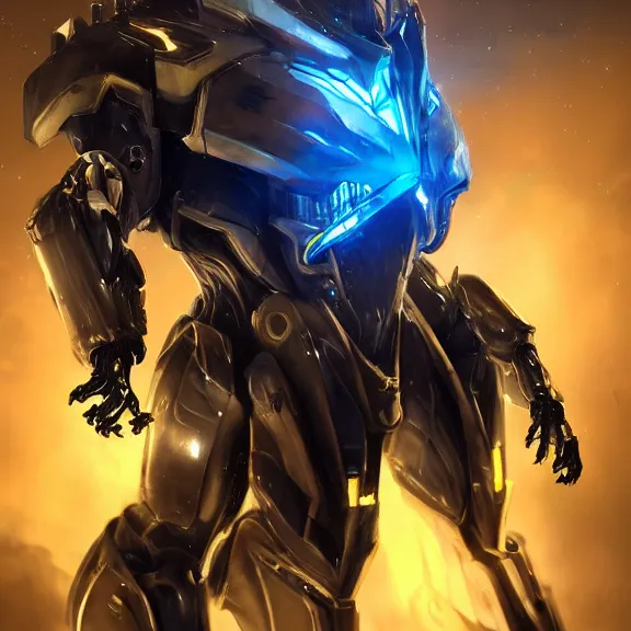 Image similar to cinematic shot, 35 foot tall detailed beautiful handsome quadrupedal robot mecha dragon, sharp edged black armor, gold accents, sleek blue visor for eyes, four legs, walking in busy neon city streets, sharp claws, epic shot, highly detailed art, sci fi, furry, 3D realistic, warframe fanart, destiny fanart, furry art, dragon art, feral art, macro art, furaffinity, DeviantArt, sofurry