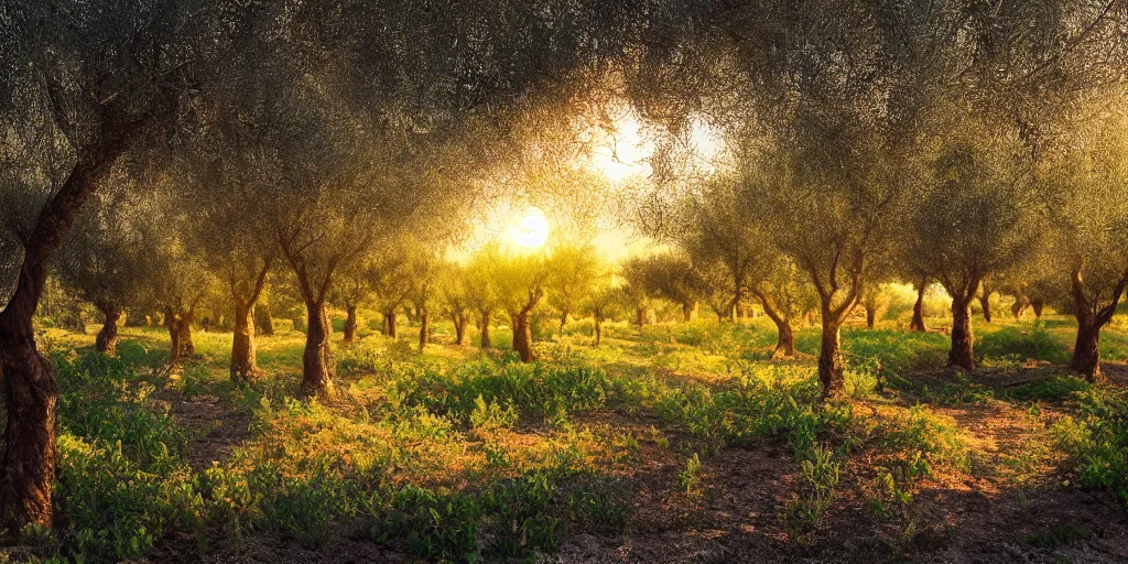 Image similar to flourishing blooming garden full of olive trees in italy, painting, matte painting, canvas, 4 k, 8 k, high detail, golden hour, sunset, epic light, shadows, contrast,