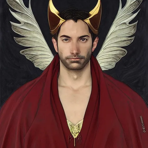 Image similar to Lucifer Morningstar as an Elf, highly detailed, digital painting, artstation, concept art, smooth, sharp focus, illustration, ArtStation, art by artgerm and greg rutkowski and alphonse mucha and J. C. Leyendecker and Edmund Blair Leighton and Katsuhiro Otomo and Geof Darrow and Phil hale and Ashley wood and Ilya repin and Charlie Bowater