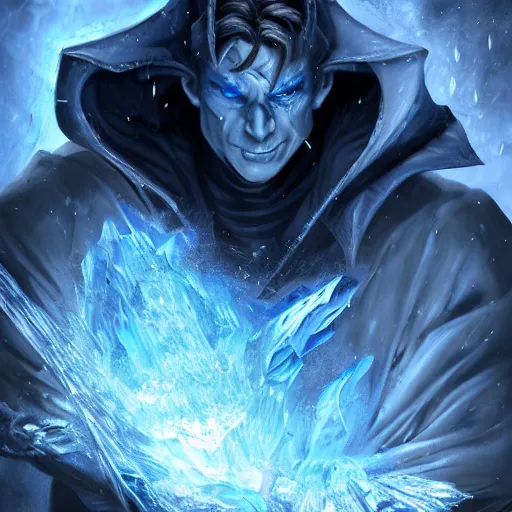 Prompt: a blue tiefling man wearing dark cloths frozen in a block of ice and being shattering into a million pieces, action, cracked, destroyed, shattering, breaking, by Tony Sart, detailed, realistic, masterpiece