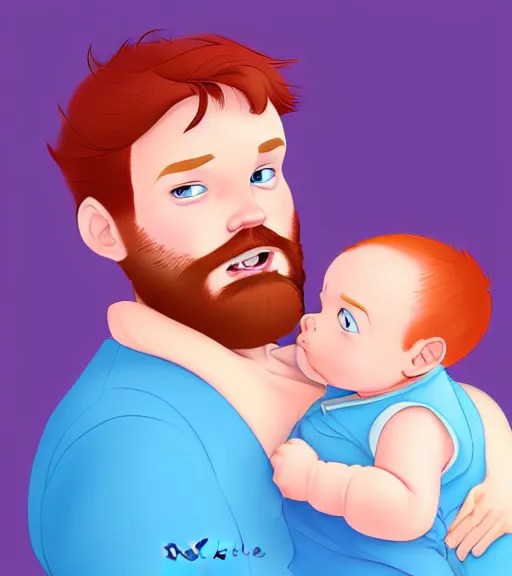 Image similar to a father with short red hair, a short red beard and blue eyes and a slightly chubby face hold his infant son with short brown hair full color digital illustration in the style of don bluth, artgerm, artstation trending, 4 k