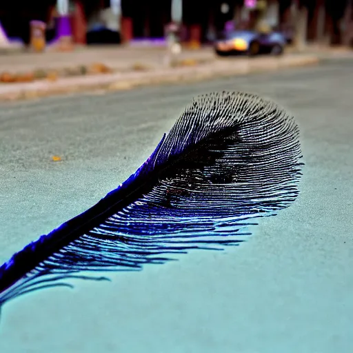 Prompt: a bird feather dipped in oil slick tar