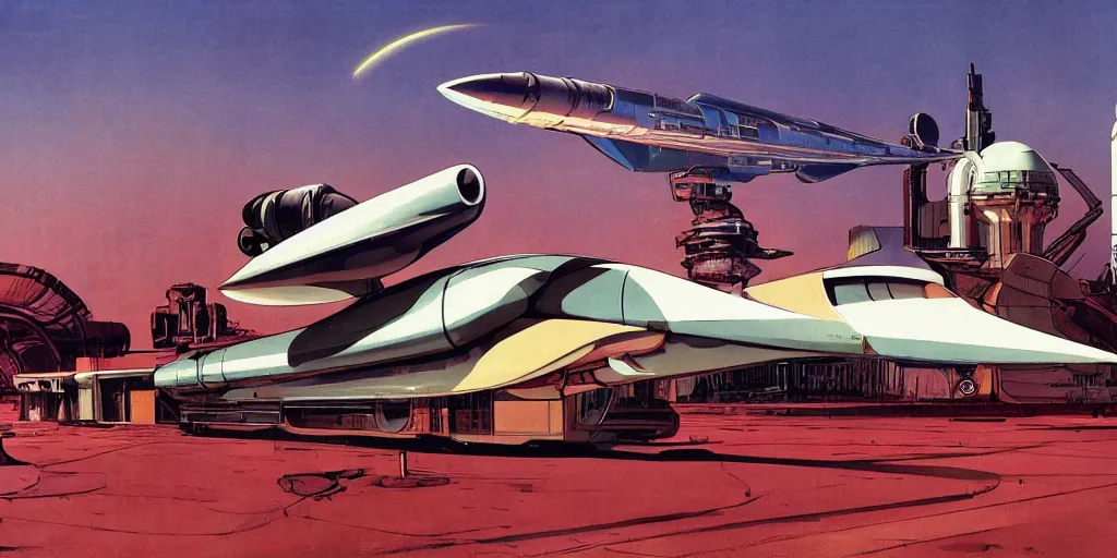 Image similar to retrofuturistic rocket launch base by Syd Mead,