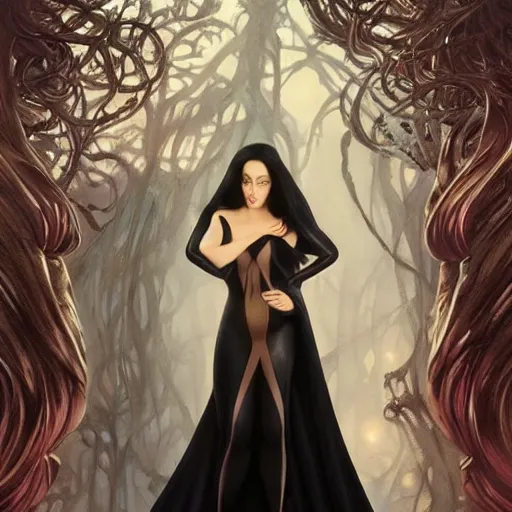 Image similar to ana de armas as morticia addams, masterpiece, intricate, elegant, highly detailed, digital painting, artstation, concept art, smooth, sharp focus, illustration, art by artgerm and greg rutkowski and alphonse mucha and uang guangjian and gil elvgren and sachin teng, symmetry!!