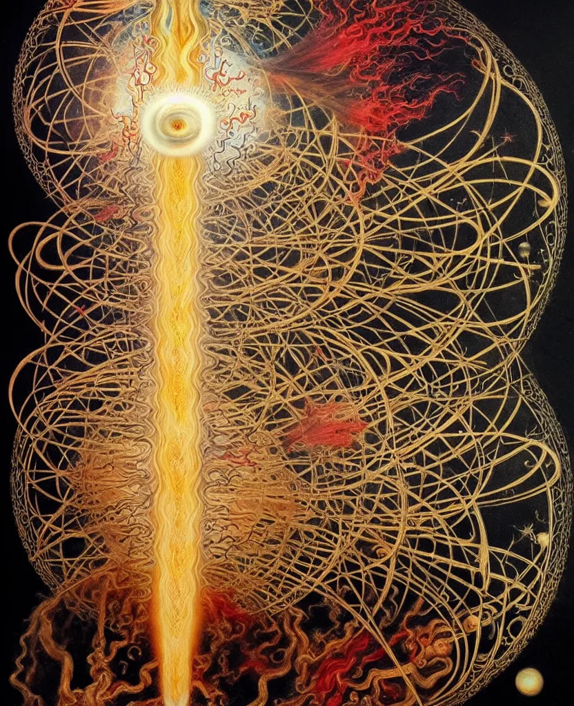 Prompt: a wild child creature radiates a unique canto'as above so below'while being ignited by the spirit of haeckel and robert fludd, breakthrough is iminent, glory be to the magic within, in honor of jupiter's day, painted by ronny khalil