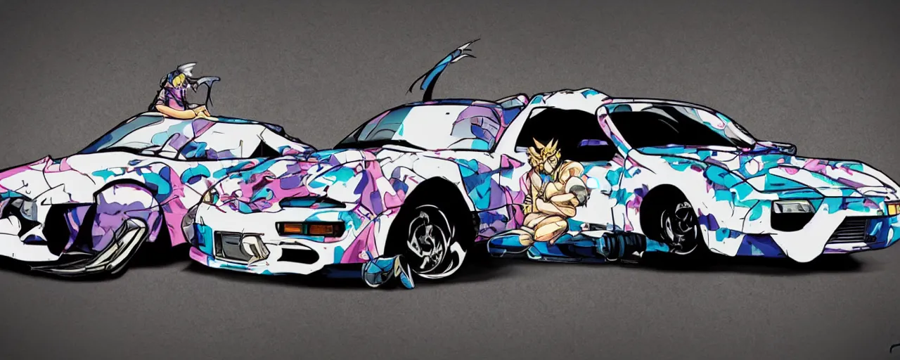 Prompt: jojo's bizarre adventure themed toyota supra, 9 0 s anime style