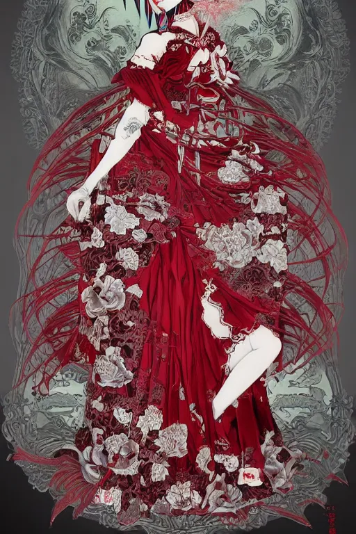 Image similar to avant - garde japanese bjd geisha vampire queen in victorian red dress in the style of dark - fantasy lolita fashion painted by yoshitaka amano, takato yamamoto, james jean, dmt art, symmetrical vogue face portrait, volumetrics, intricate detail, artstation, cgsociety, artgerm, gold skulls, rococo