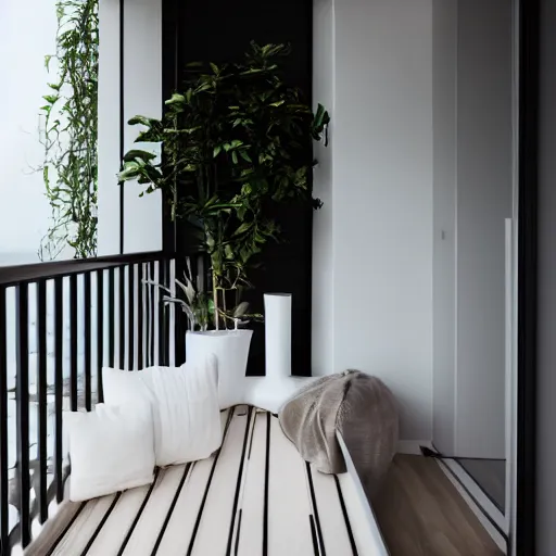 Prompt: zen minimalist clean modern white plant balcony, soft - light, cool, overlooking beach