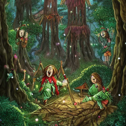 Image similar to highly detailed commune of hedonist elves. the elves are carefree and playful. digitally painted forest scene. The elves each have the face of famous musician !!!!!Ed Sheeran!!!!!. pixiv, artbreeder. high quality art