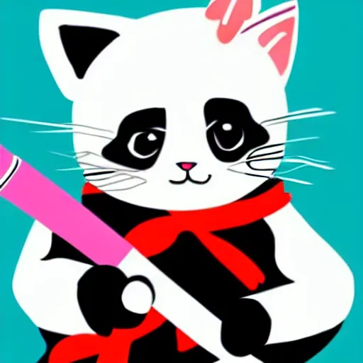 Image similar to kids drawning of a cute kitten with panda body and cat face, in a kimono, holds a sword, by a six years old 4 k