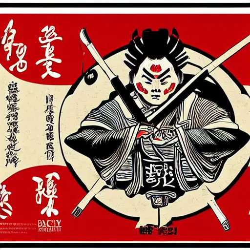 Prompt: an epic detailed political poster of a Japanese samurai in a temple, with Japanese text, in the style of a playing card, high quality, 4k, by Shepard Fairey