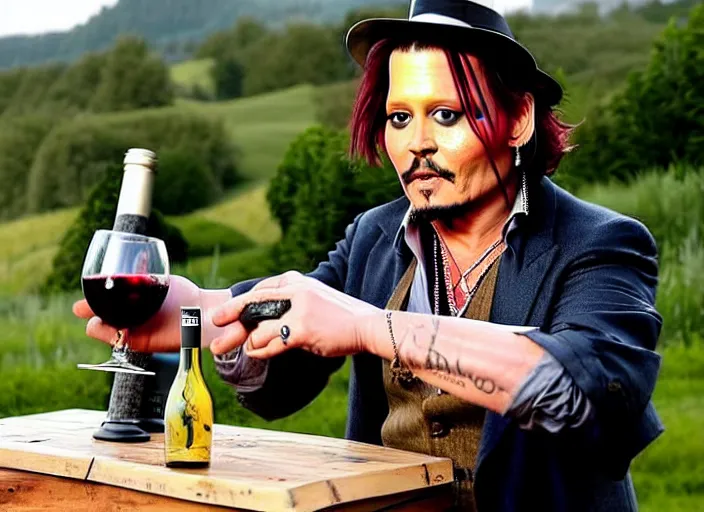 Prompt: jonney depp selling mega pints of wine at a makeshift wood stand, realistic, detailed