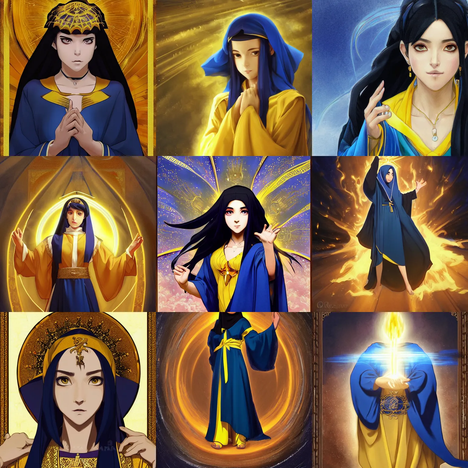 Prompt: portrait of a middle - eastern female cleric with straight black hair wearing blue and yellow vestments summoning a fireball, half body, single subject, ambient lighting, highly detailed, digital painting, trending on pixiv fanbox, studio ghibli, extremely high quality artwork, art by ross tran and artgerm and makoto shinkai and alphonse mucha