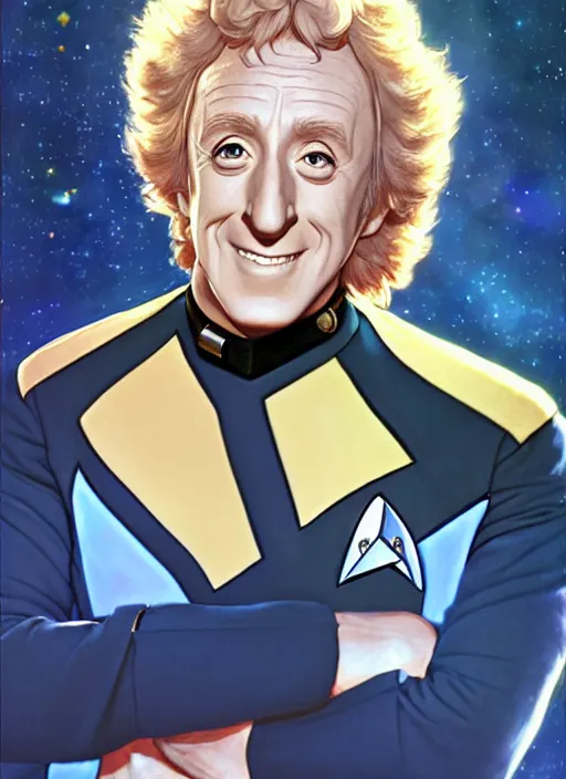 Image similar to cute star trek officer gene wilder, natural lighting, path traced, highly detailed, high quality, digital painting, by don bluth and ross tran and studio ghibli and alphonse mucha, artgerm
