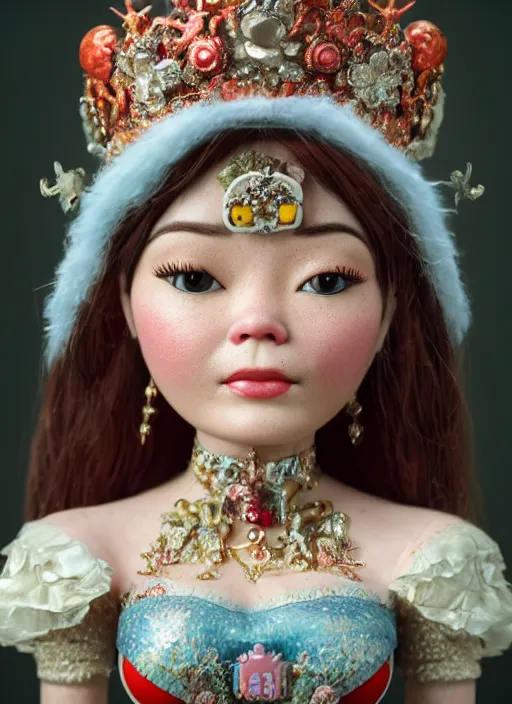 Prompt: closeup face profile portrait of tin toy bjork as a fairytale princess wearing a crown eating cakes, bikini, depth of field, zeiss lens, detailed, symmetrical, centered, fashion photoshoot, by nicoletta ceccoli, mark ryden, lostfish, breathtaking, 8 k resolution, extremely detailed, beautiful, establishing shot, artistic, hyperrealistic, octane render