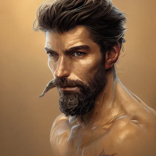 Image similar to portrait of a ruggedly handsome paladin, soft hair, muscular, half body, leather, hairy, d & d, fantasy, intricate, elegant, highly detailed, digital painting, artstation, concept art, smooth, sharp focus, illustration, art by artgerm and greg rutkowski and alphonse mucha