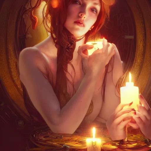 Prompt: girl in love, candle light, highly detailed, digital painting, cgsociety , concept art, sharp focus, illustration, art by artgerm and greg rutkowski and alphonse mucha