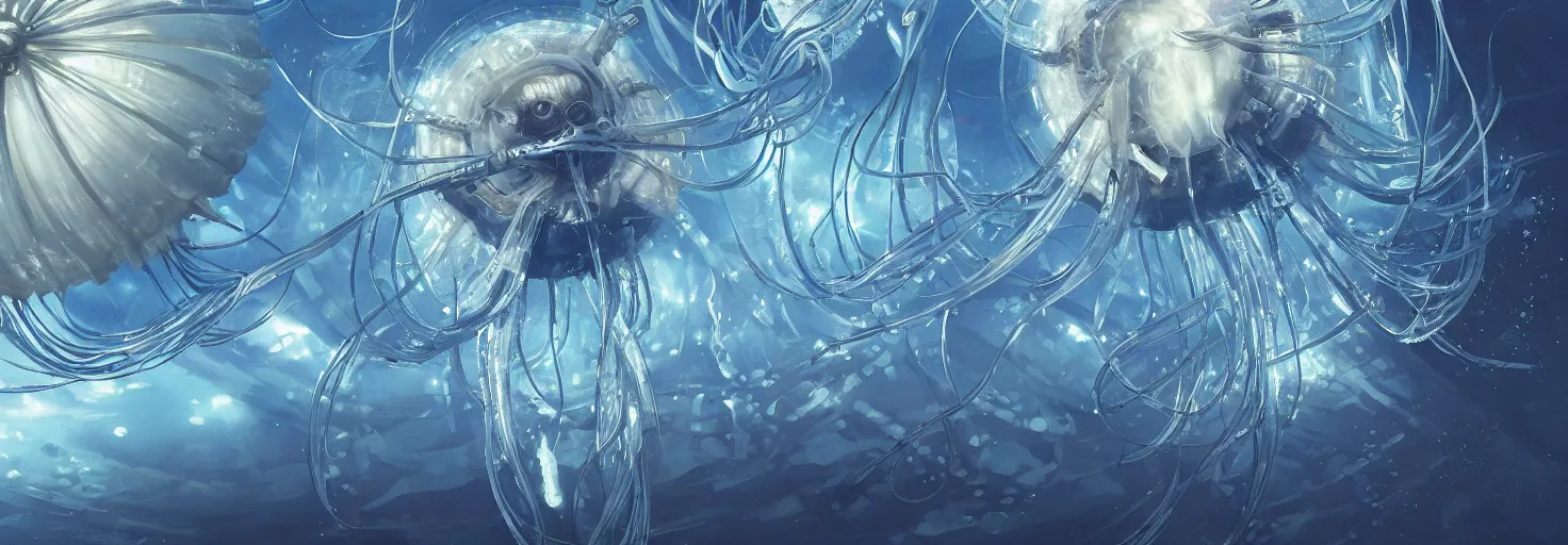 Image similar to Panorama hyper detailed painting of a cyberpunk jellyfish, blue tones, underwater, 8 mm, highly detailed, digital painting, artstation, concept art, smooth, sharp focus, illustration, art by artgerm and greg rutkowski and alphonse mucha