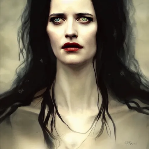 Image similar to eva green as yennifer from witcher, portrait, painted by greg rutkowski