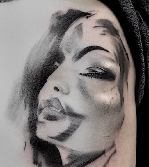 Image similar to tattoo design sketch of a beautiful woman face with a faded background of beautiful mountain nature on her side, hyper - realistic, double exposure effect, in the style of den yakovlev, amazing detail, black and white, faded