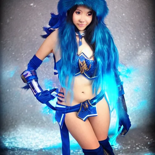 Image similar to photograph of a girl cosplaying Crystal Maiden from Dota 2, HD, award winning photography, uploaded on Facebook, highly detailed, Dota2!!!!! ice!!!