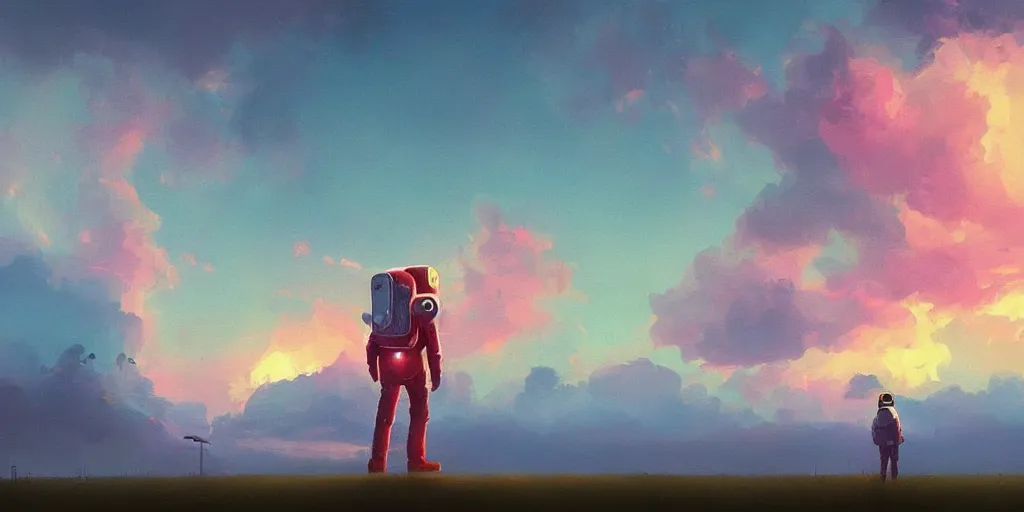 Prompt: spaceman, surreal photography, sunrise, dramatic light, impressionist painting, colorful clouds, digital painting, artstation, simon stalenhag