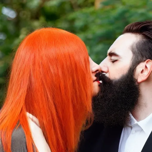 Image similar to a man with a dark well groomed beard gently slapping an attractive woman with straight red orange hair in the face with a lizard