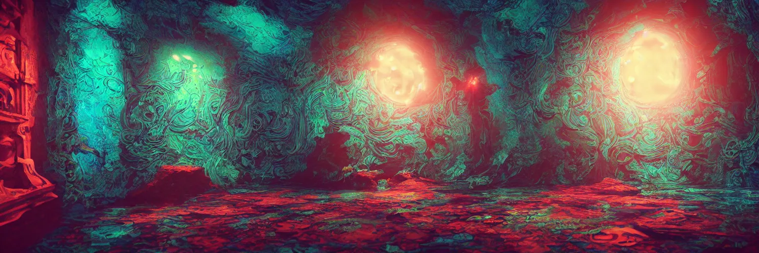 Image similar to A beautiful render of a pastiche, floating among stars, influenced by Yoshitaka Amano and ilya repin and ted nasmith, mysterious, glowing neon blue teal red green colors in the walls of portal, insanely detailed and intricate, octane render, volumetric lighting, high contrast, ultraviolet and neon colors, trending on Artstation, 4K