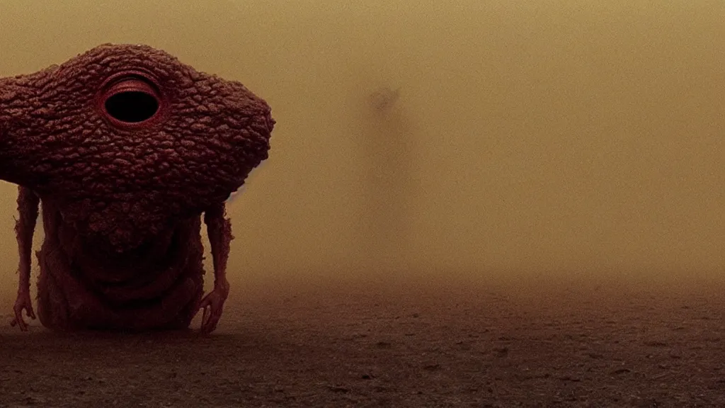 Image similar to the strange creature in my eye, film still from the movie directed by denis villeneuve and david cronenberg with art direction by salvador dali and zdzisław beksinski, wide lens